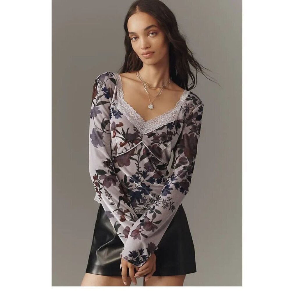 Anthropologie Velvet Lace V-Neck Shirt Top Long Sleeves Women's Size XS purple
